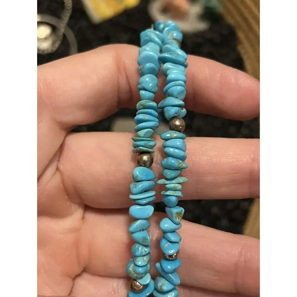 Native American Sterling Navajo Pearl & Blue Turquoise Chip Choker Wrap Necklace - Picture 8 of 9